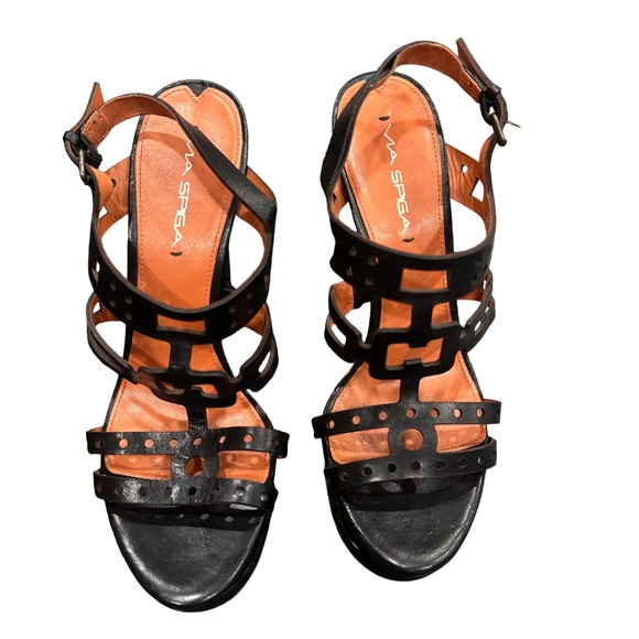 Via Spiga Shoes - Via Spiga Black Leather Laser Cut Platform Gladiator Sandals Heels Womens 8.5M